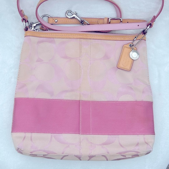 Coach F13674 signature monogram canvas shoulder crossbody bag, pink & tan 🩷🤎 - Picture 7 of 13